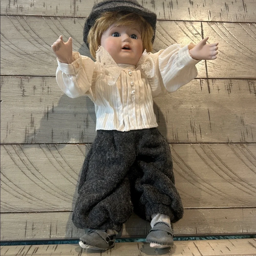 VTG Porcelain Doll Position Sit or Stand Fancy Pleated Shirt Wool Pants Blonde